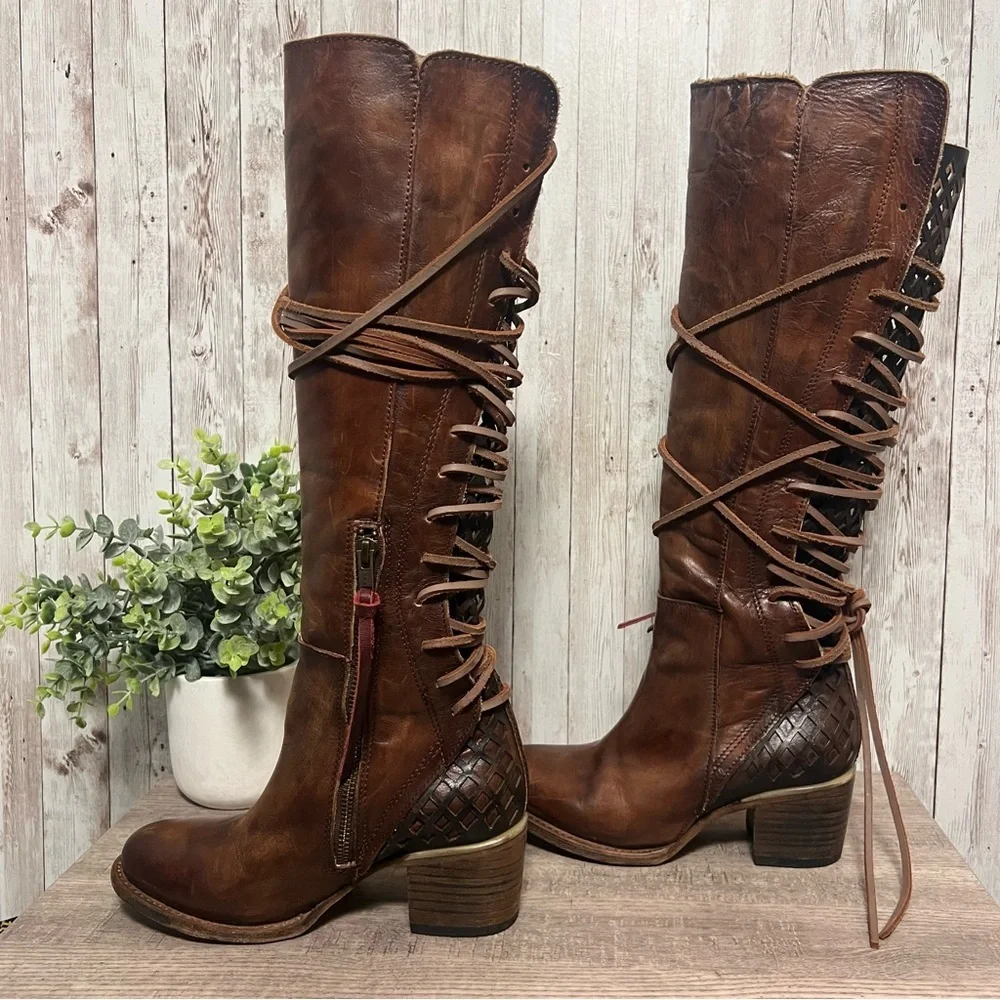Freebird Steven Carver Tan Lace Up Leather Knee High Boots Coachella Festival 6 - Picture 5 of 9
